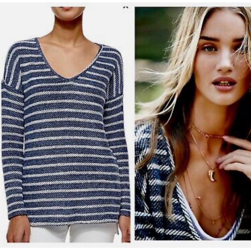 PAIGE Marled Cotton V Neck Blue‎ & White Striped Sweater Women’s Sz M